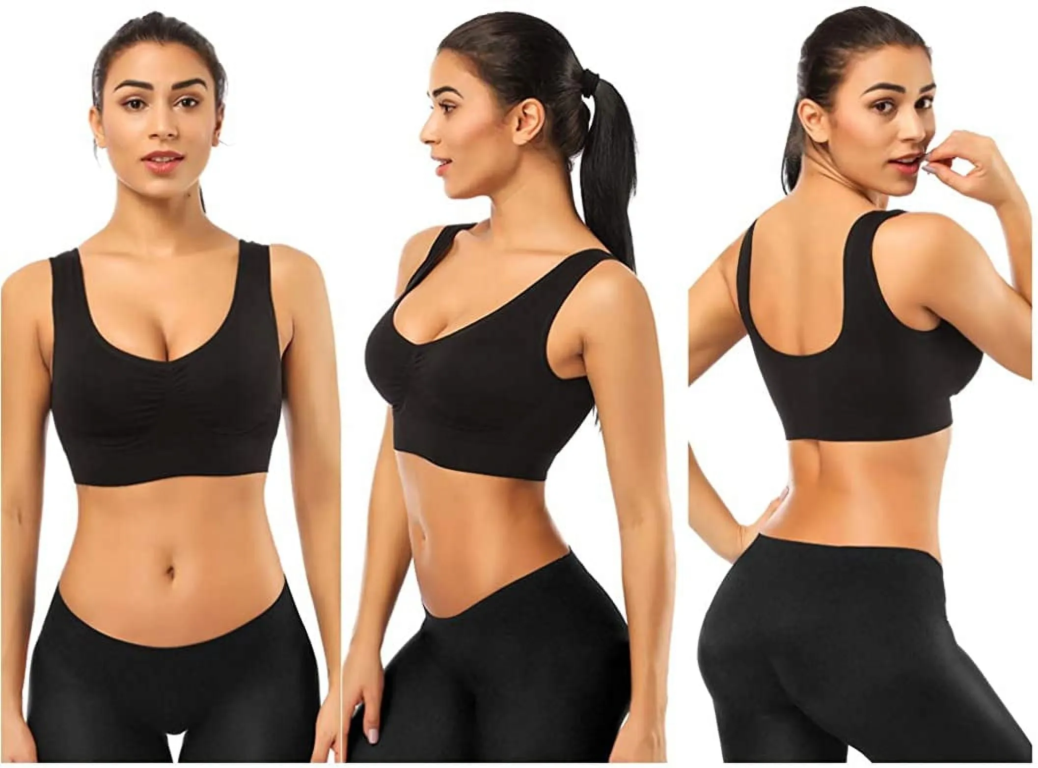 3 Pack Sports Bras for Women,Seamless Comfortable Bras Set with Removable Pads for Sleep,Pull on Closure plus Size,Black White Nude,Xxl