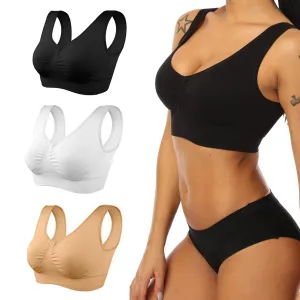 3 Pack Sports Bras for Women,Seamless Comfortable Bras Set with Removable Pads for Sleep,Pull on Closure plus Size,Black White Nude,Xxl