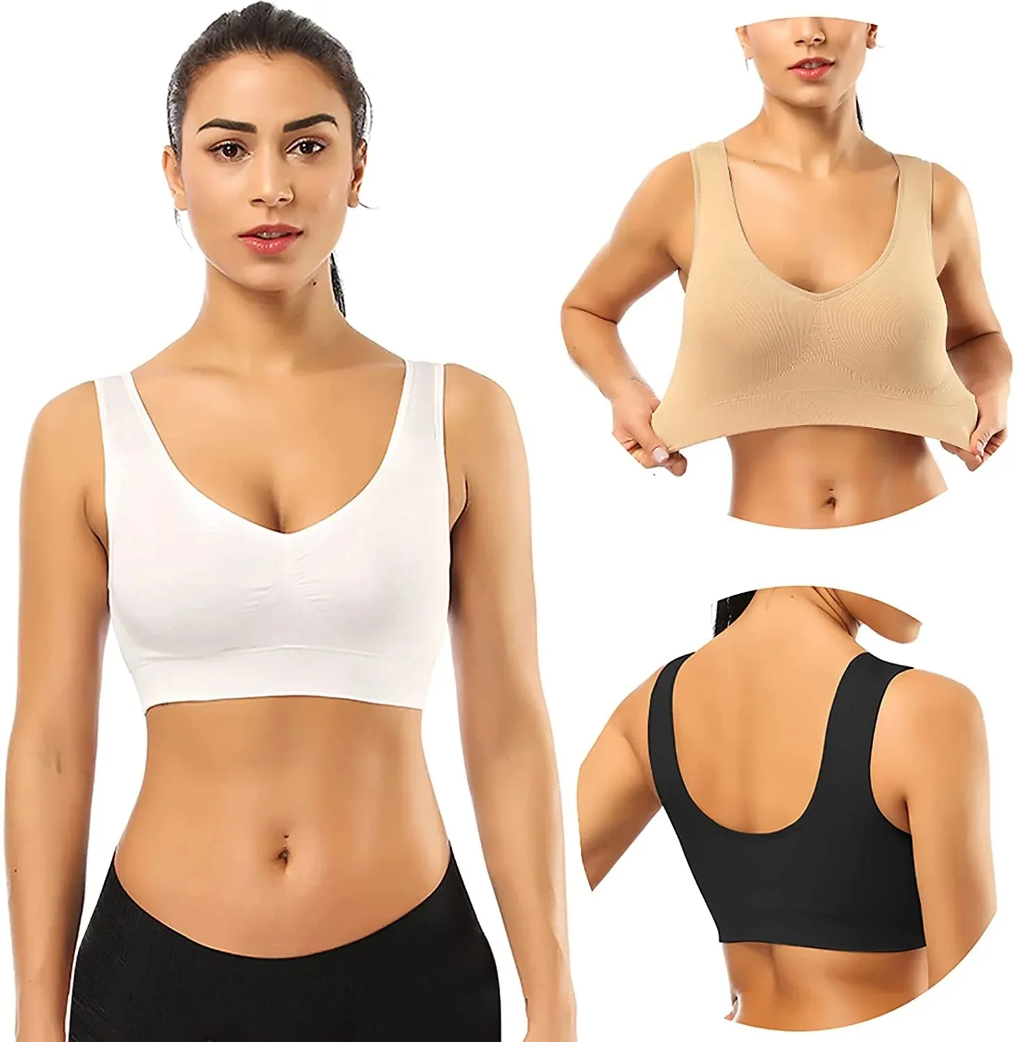 3 Pack Sports Bras for Women,Seamless Comfortable Bras Set with Removable Pads for Sleep,Pull on Closure plus Size,Black White Nude,Xxl