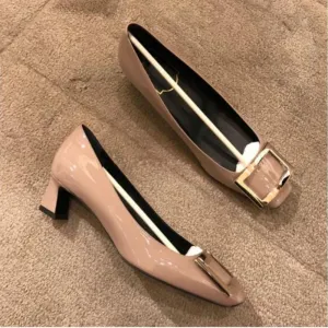 Advbridge Autumn and Winter Women's Shoes Patent Leather Square Toe Thick Heel High Heels Mid-heel Square Buckle  Wedding Shoes