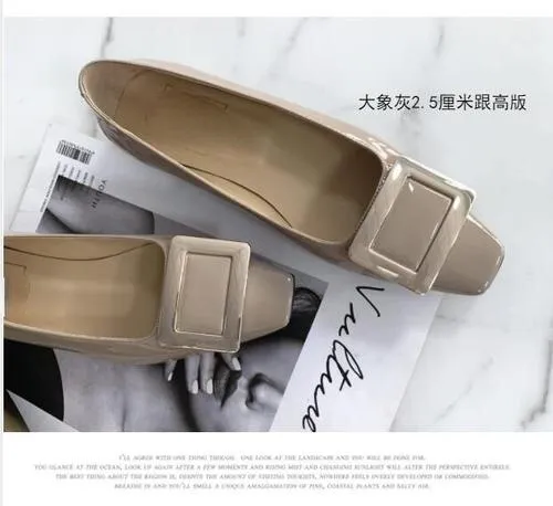 Advbridge Autumn and Winter Women's Shoes Patent Leather Square Toe Thick Heel High Heels Mid-heel Square Buckle  Wedding Shoes