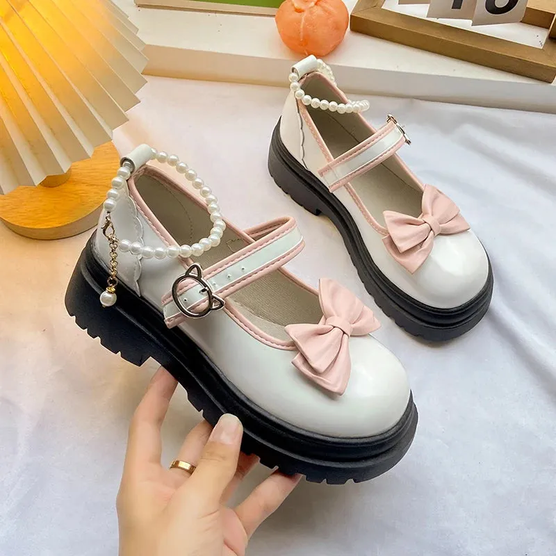 Aiertu Summer Female Shoes Fashion Mary Jane Shoes Round Head Band Heel Shoes Women Bow Pearl Square Heel Low-top Pumps