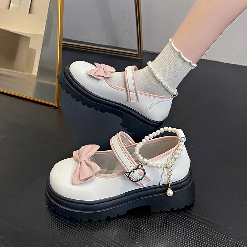 Aiertu Summer Female Shoes Fashion Mary Jane Shoes Round Head Band Heel Shoes Women Bow Pearl Square Heel Low-top Pumps