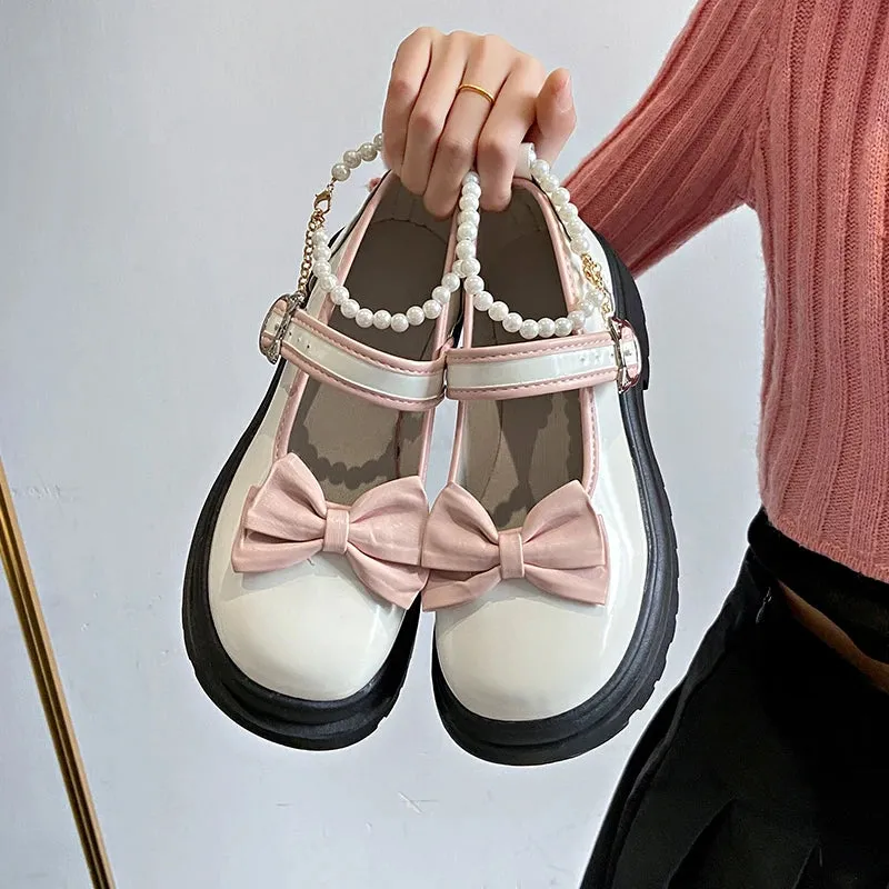 Aiertu Summer Female Shoes Fashion Mary Jane Shoes Round Head Band Heel Shoes Women Bow Pearl Square Heel Low-top Pumps