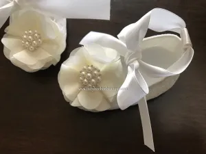 Baby Girl White Lace Baptism Shoes with Ivory Flowers