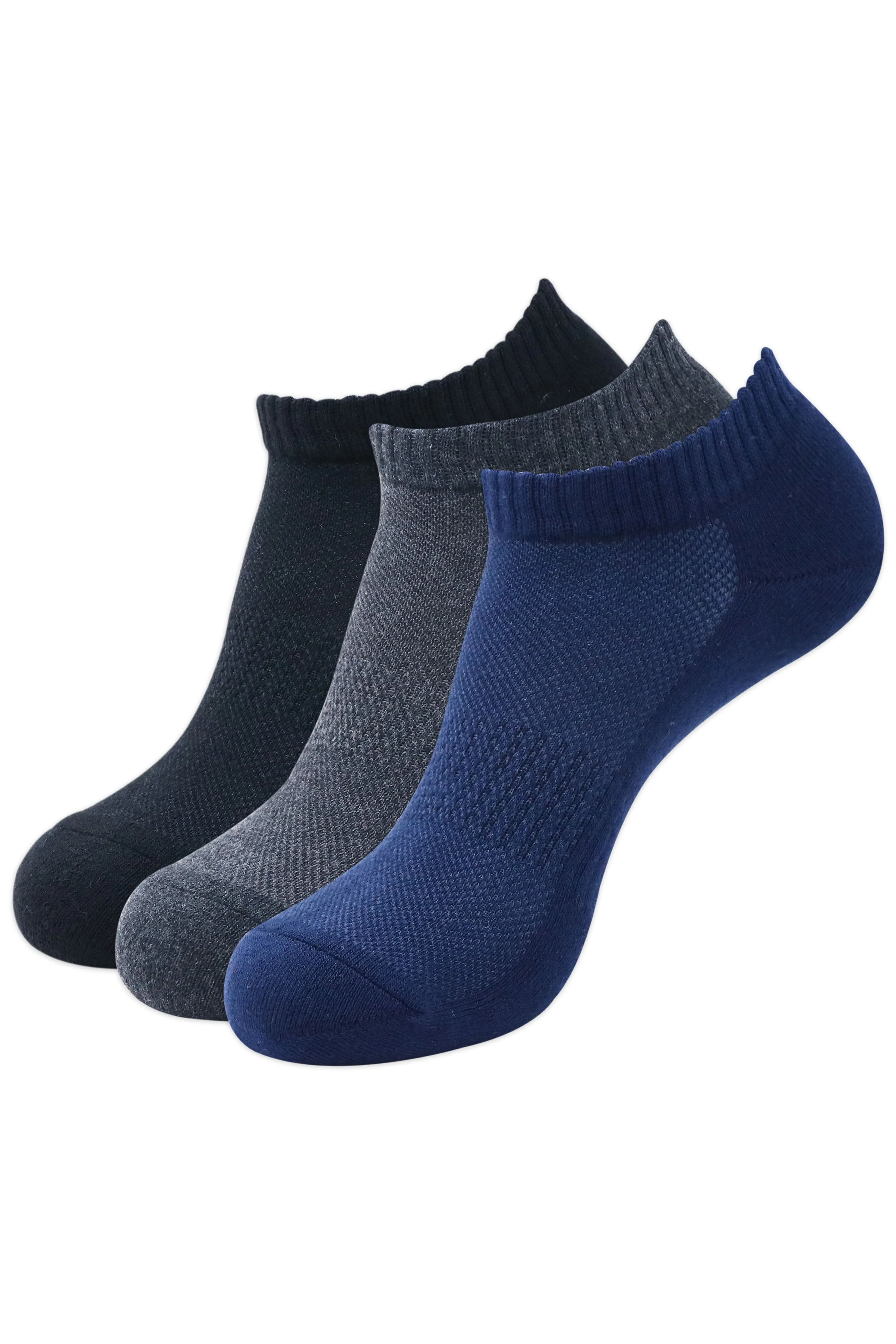 Balenzia Men's Cotton Cushioned Solid Ankle Socks with Mesh Knit, Gym Socks Free -(23 cm)Size, (Pack of 3 Pairs/1U) (Black,Navy,D.Grey)