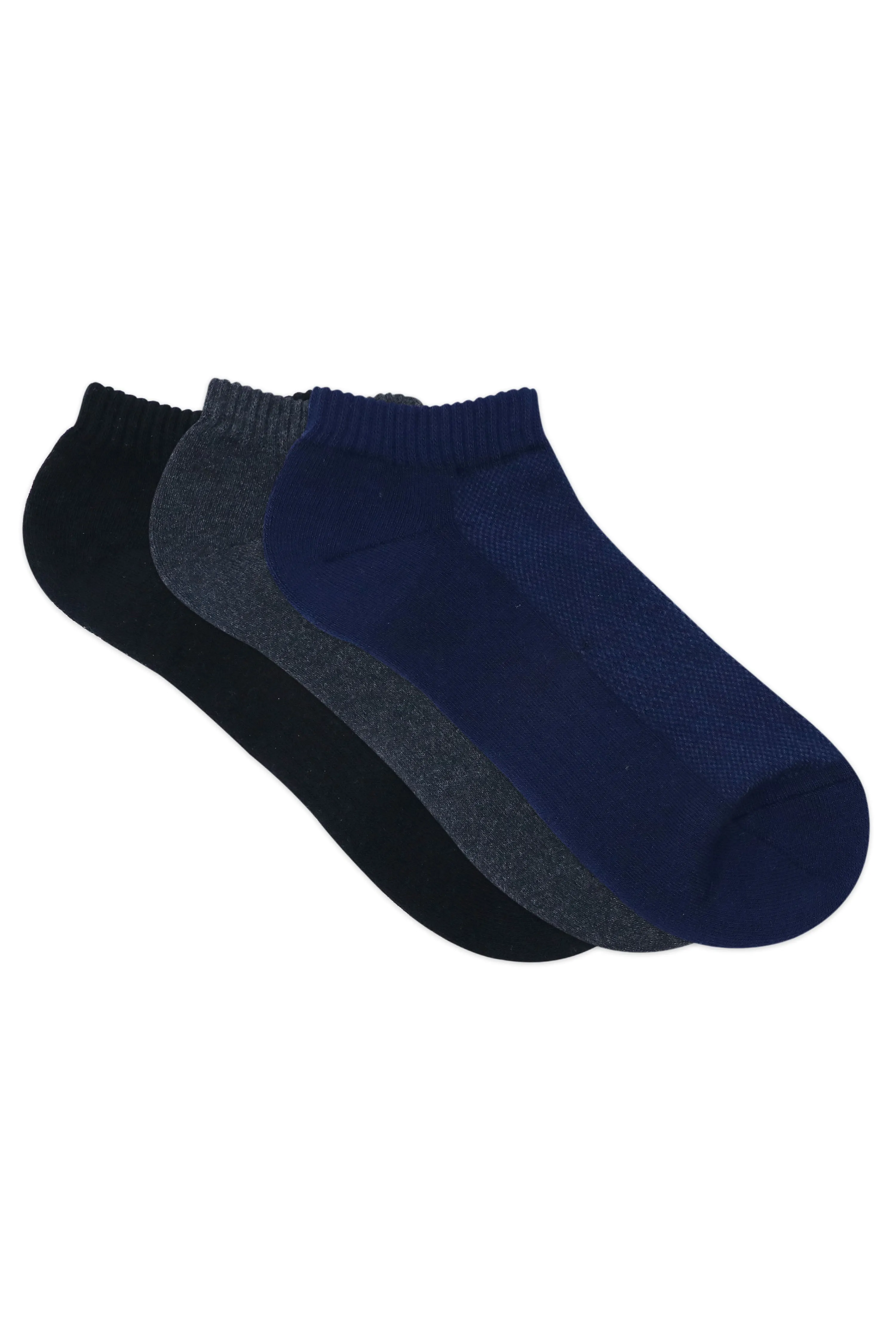 Balenzia Men's Cotton Cushioned Solid Ankle Socks with Mesh Knit, Gym Socks Free -(23 cm)Size, (Pack of 3 Pairs/1U) (Black,Navy,D.Grey)