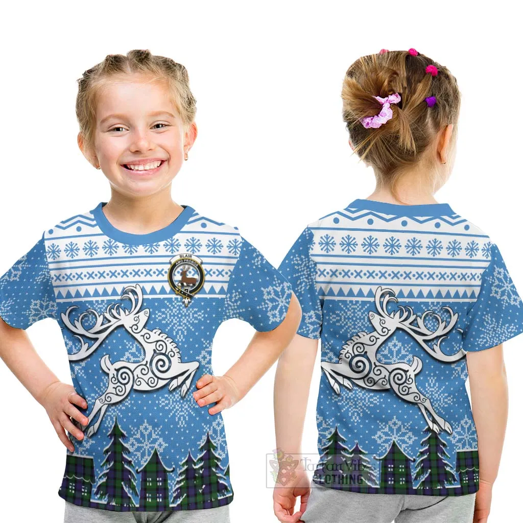 Blair Clan Christmas Kid T-Shirt Celtic Reindeer Style