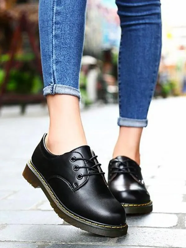 British Style Lace Up Casual Solid Color Flat Shoes