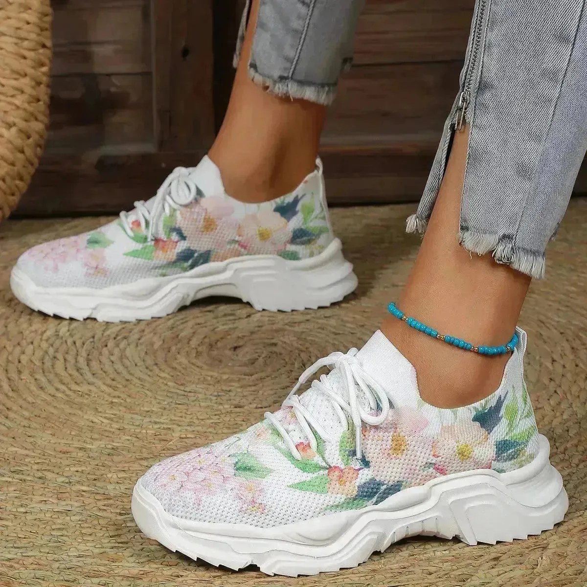 Flower Sports Running Shoes Women's Fashion Flat Sneakers