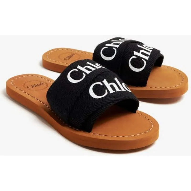 Girls Black Logo Print Slides