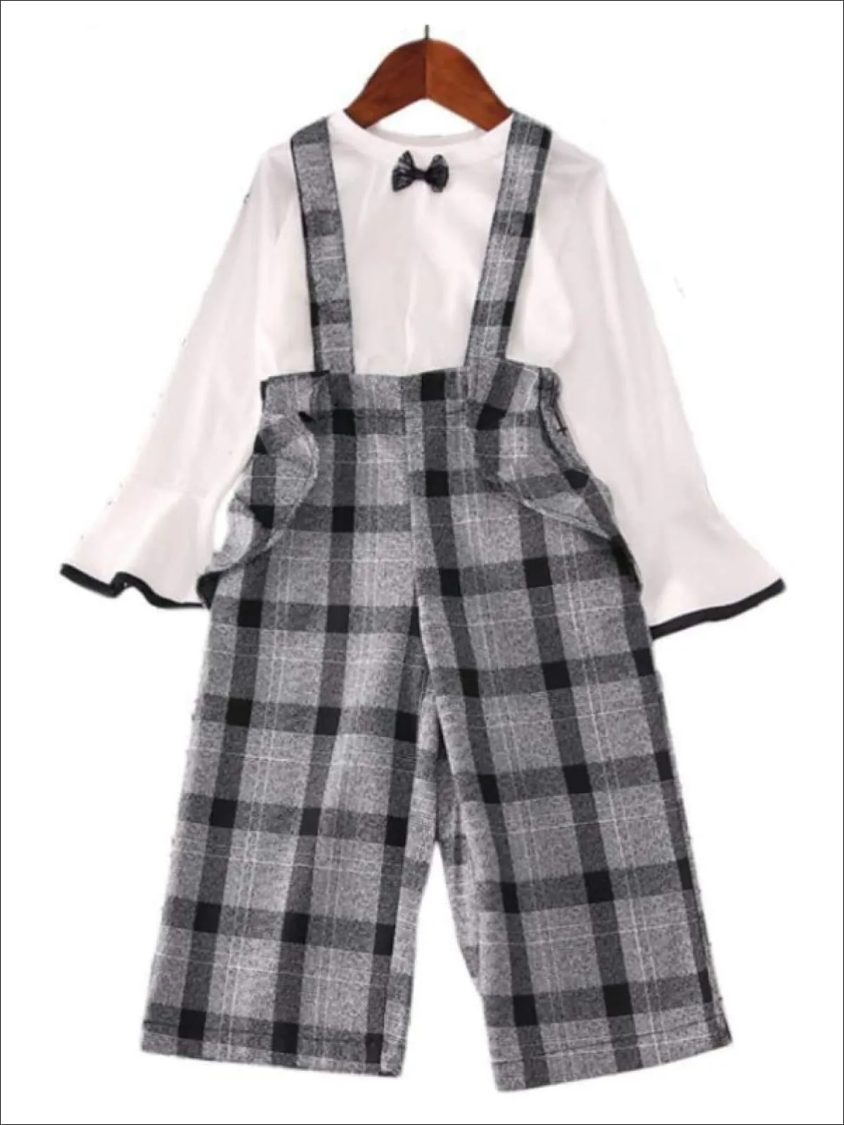 Girls Preppy White Bell Sleeve Blouse And Plaid Culotte Pants Set