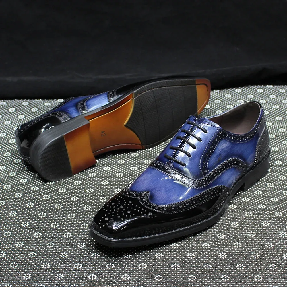 Mixed Color Blue Black Patent Leather Brogue Shoes