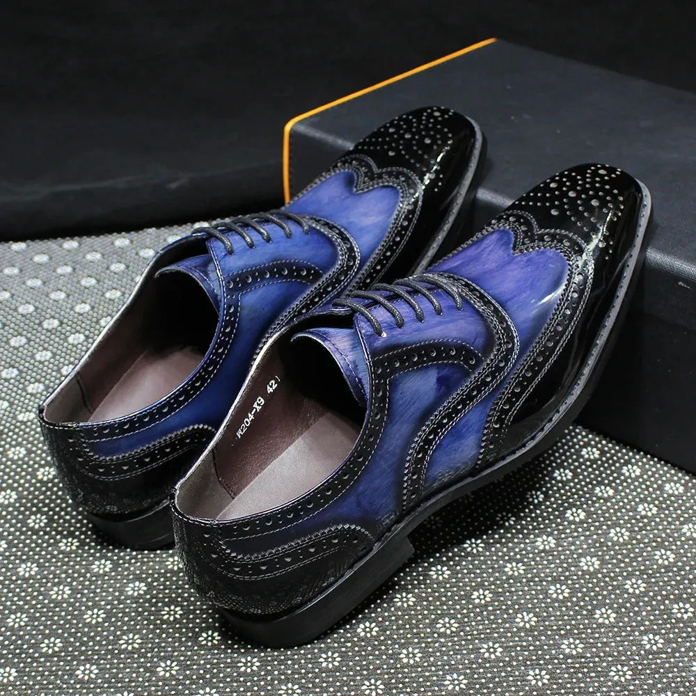 Mixed Color Blue Black Patent Leather Brogue Shoes