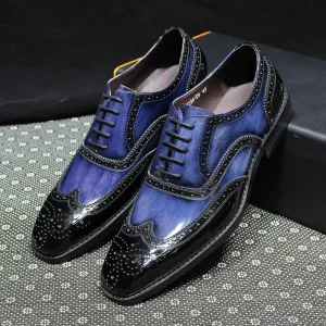 Mixed Color Blue Black Patent Leather Brogue Shoes