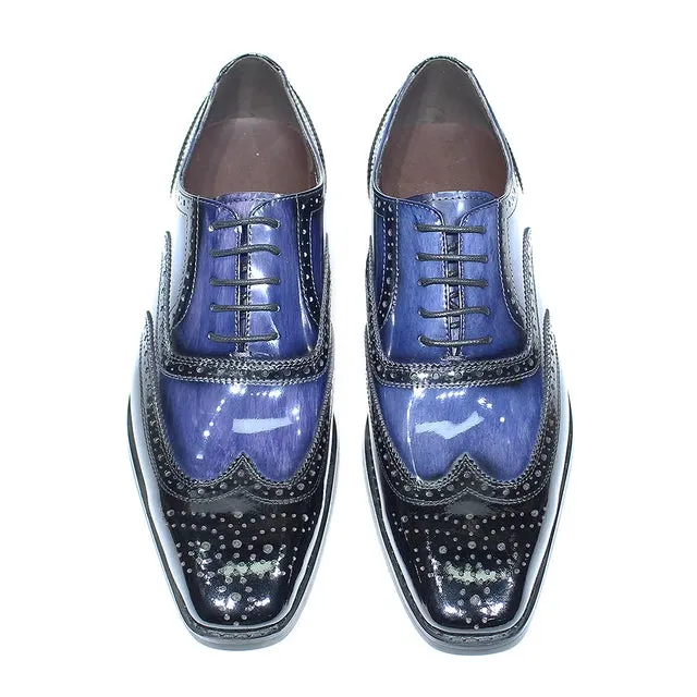 Mixed Color Blue Black Patent Leather Brogue Shoes