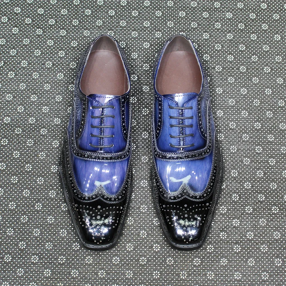 Mixed Color Blue Black Patent Leather Brogue Shoes