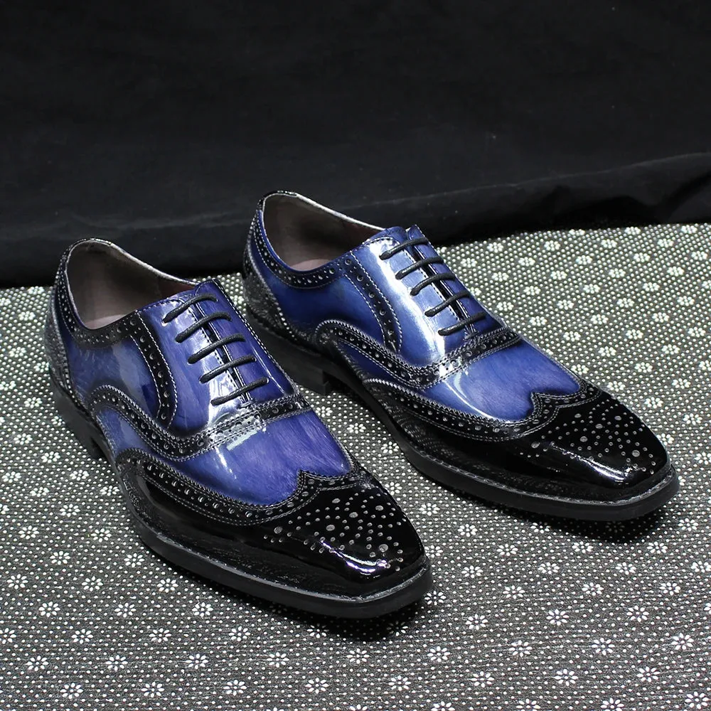 Mixed Color Blue Black Patent Leather Brogue Shoes