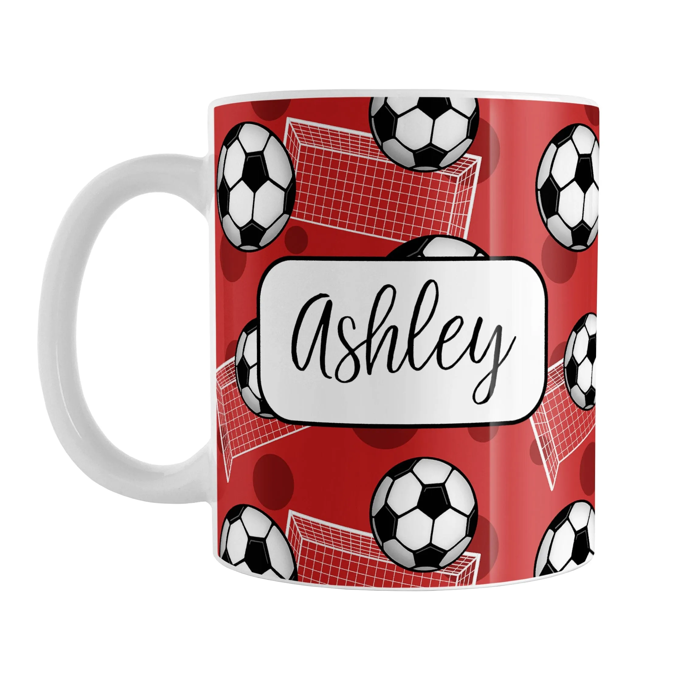 Personalized Red Soccer Ball and Goal Mug