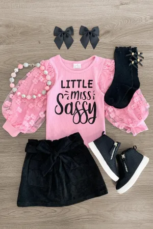 "Little Miss Sassy" Pink & Black Suede Skirt Set