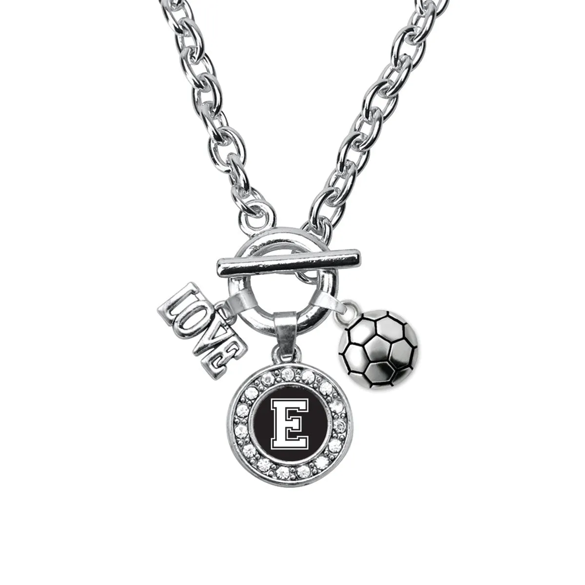 Silver Soccer - Sports Initial E Circle Charm Toggle Necklace