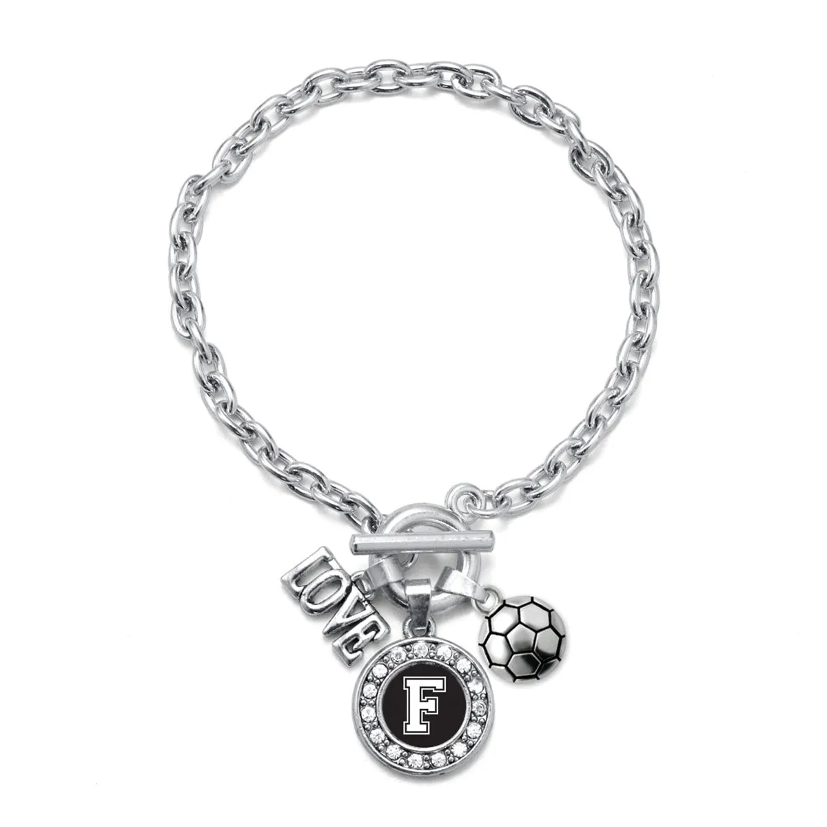 Silver Soccer - Sports Initial F Circle Charm Toggle Bracelet