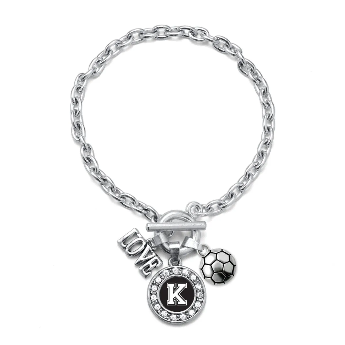 Silver Soccer - Sports Initial K Circle Charm Toggle Bracelet