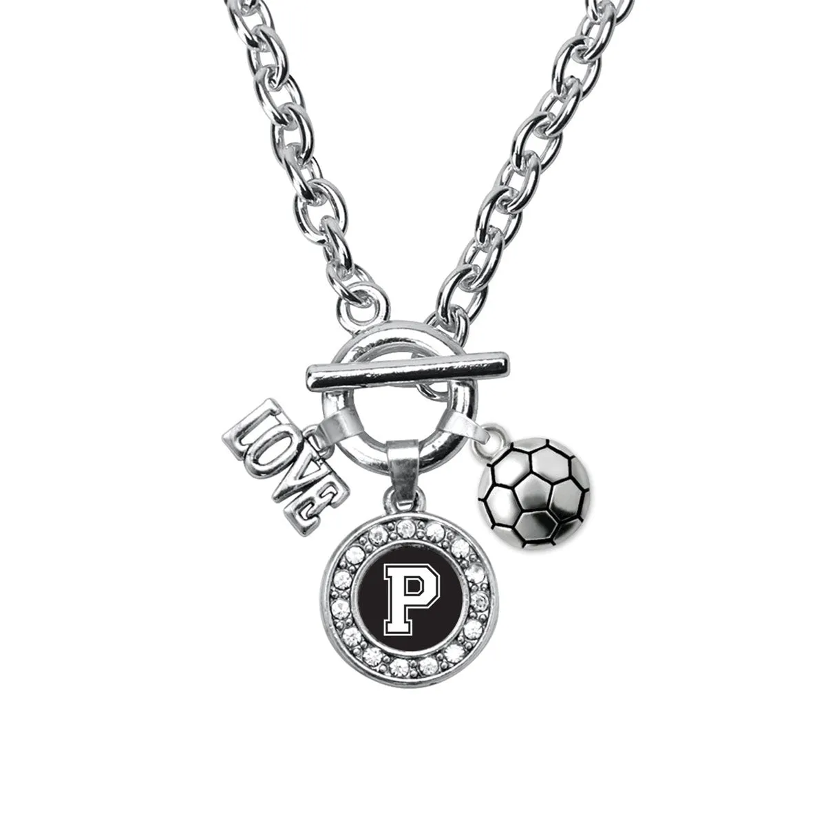 Silver Soccer - Sports Initial P Circle Charm Toggle Necklace