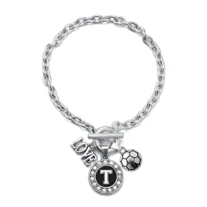 Silver Soccer - Sports Initial T Circle Charm Toggle Bracelet