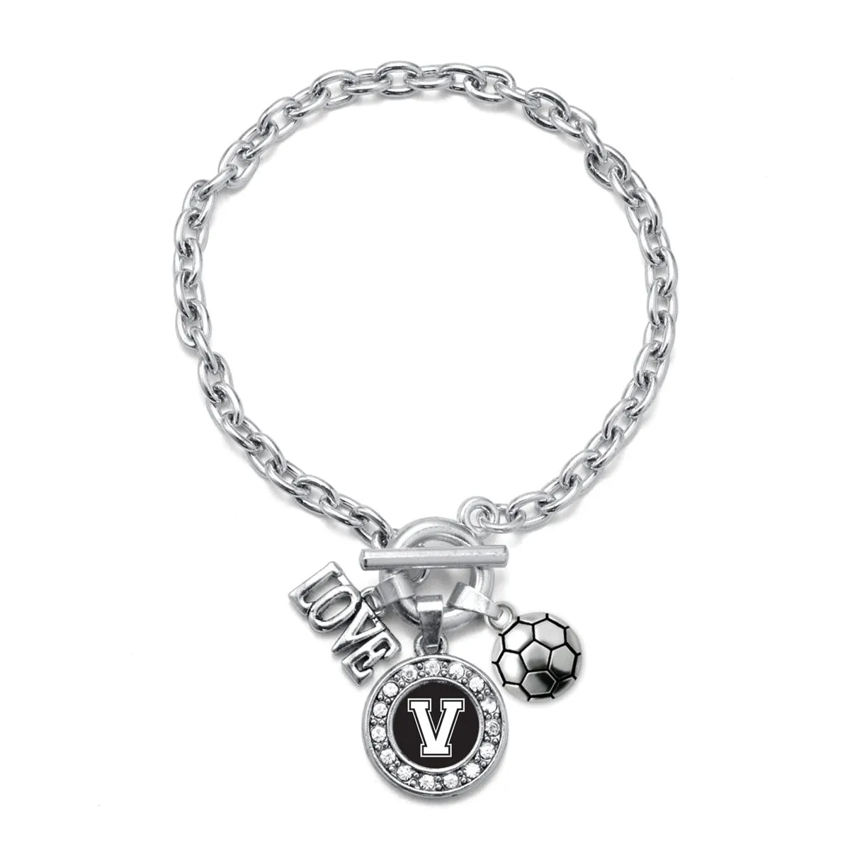 Silver Soccer - Sports Initial V Circle Charm Toggle Bracelet