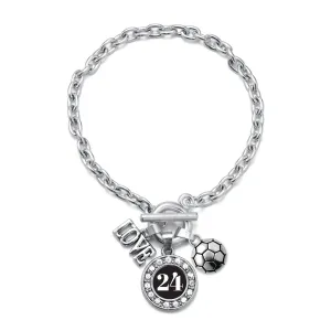 Silver Soccer - Sports Number 24 Circle Charm Toggle Bracelet