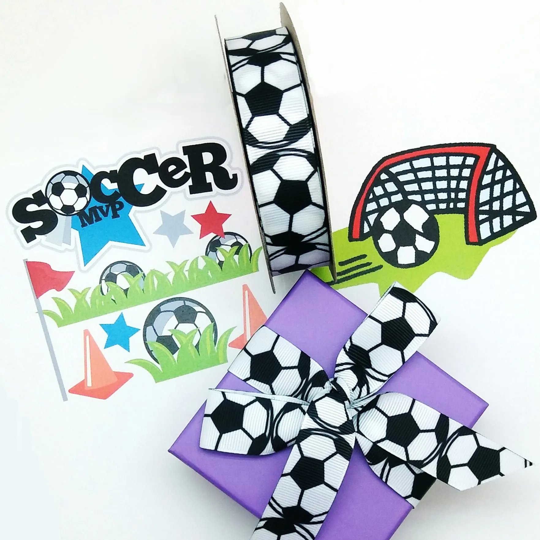 Soccer Ball Ribbon black and white soccer balls printed on 5/8" white single face satin or grosgrain