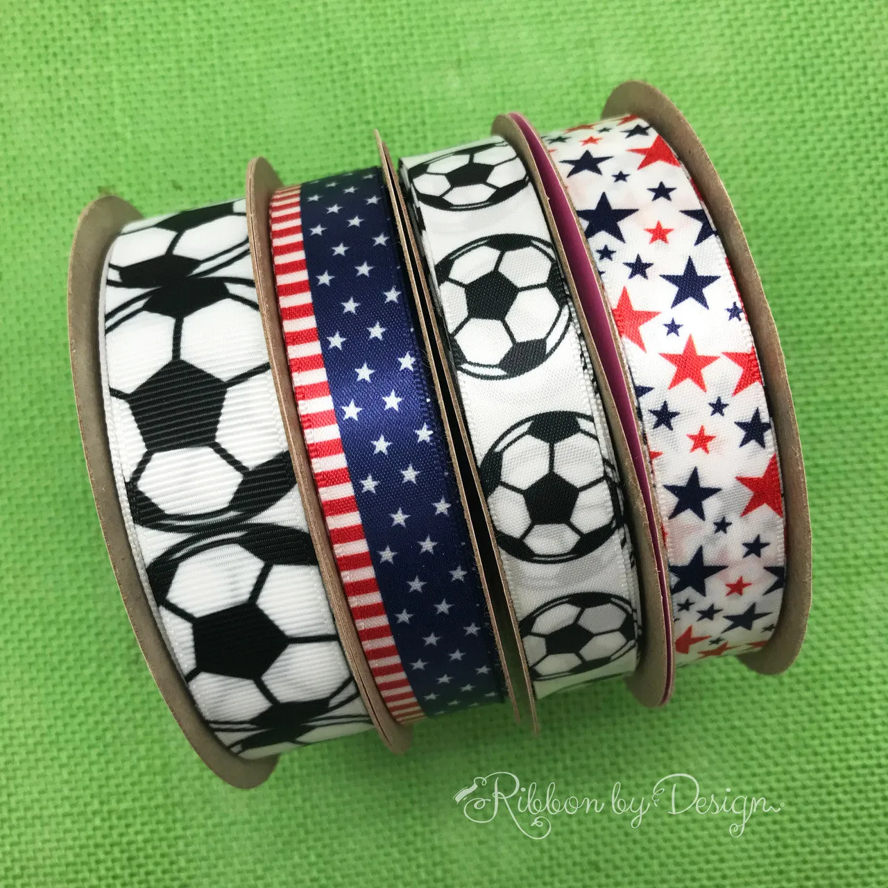 Soccer Ball Ribbon black and white soccer balls printed on 5/8" white single face satin or grosgrain