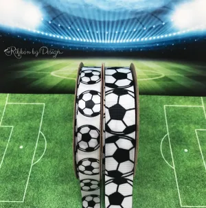 Soccer Ball Ribbon black and white soccer balls printed on 5/8" white single face satin or grosgrain