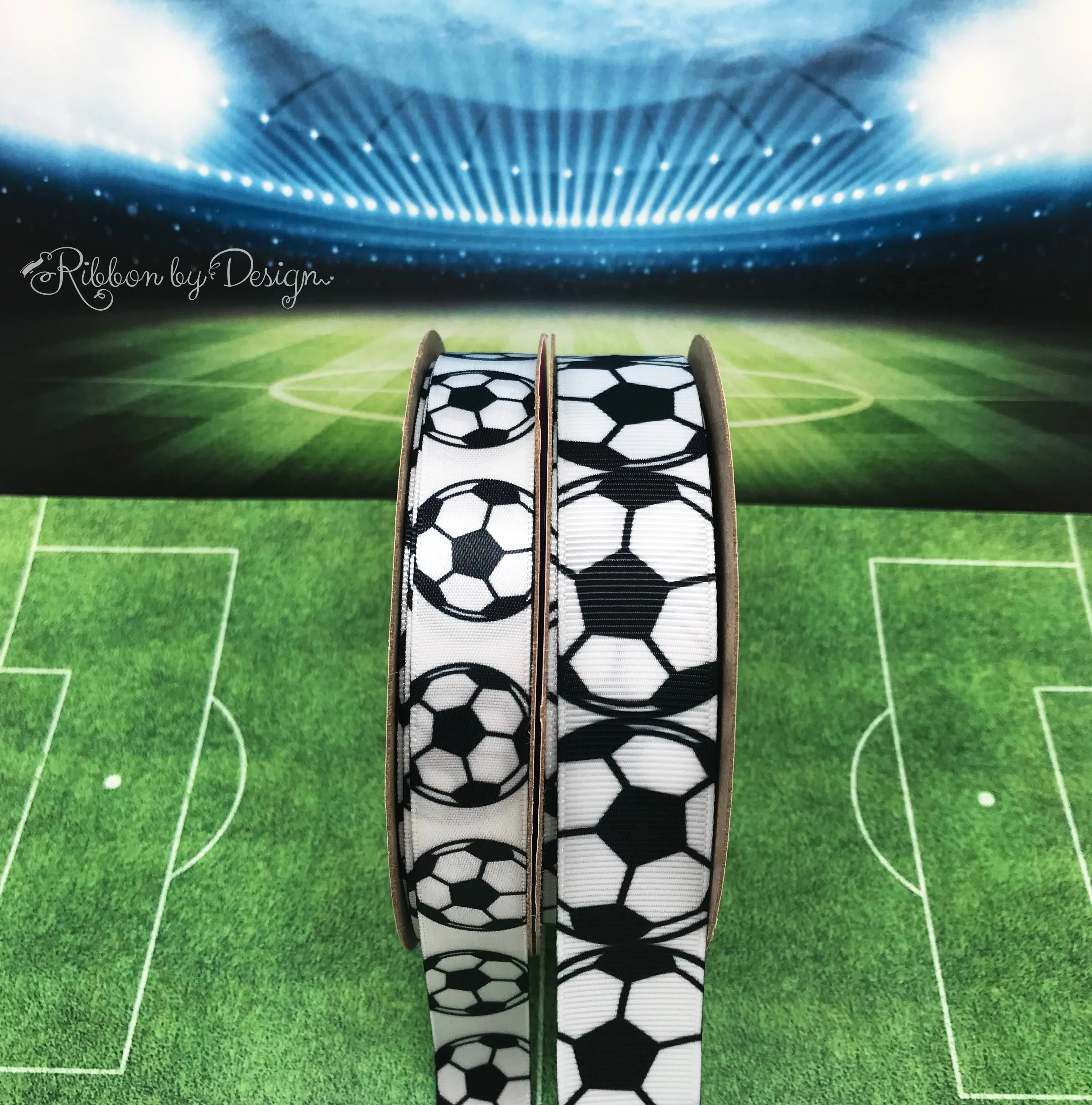 Soccer Ball Ribbon black and white soccer balls printed on 5/8" white single face satin or grosgrain