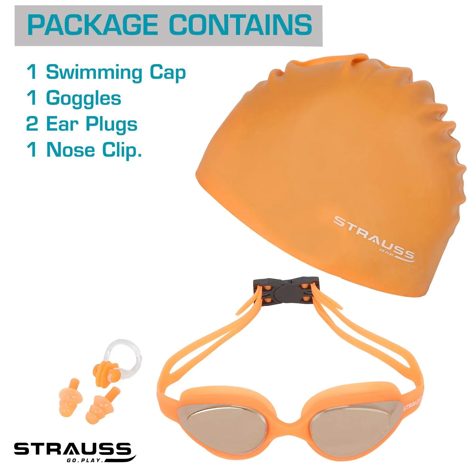 STRAUSS Swimming Goggles Set with UV and Anti Fog Protection | Swimming Kit of Goggles,Cap,Earplug & Nose Plug Set - Ideal for All Age Group | Fully Adjustable | (Orange)