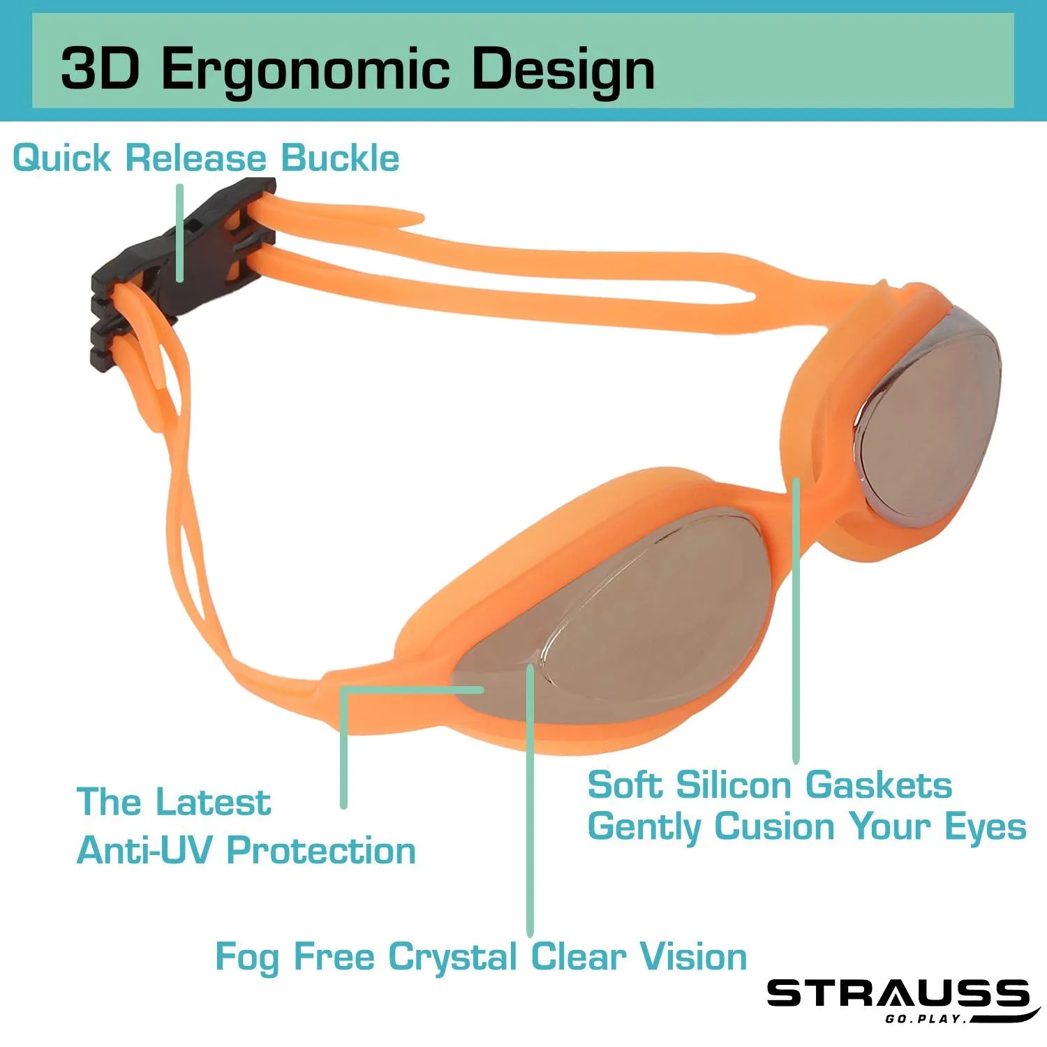 STRAUSS Swimming Goggles Set with UV and Anti Fog Protection | Swimming Kit of Goggles,Cap,Earplug & Nose Plug Set - Ideal for All Age Group | Fully Adjustable | (Orange)