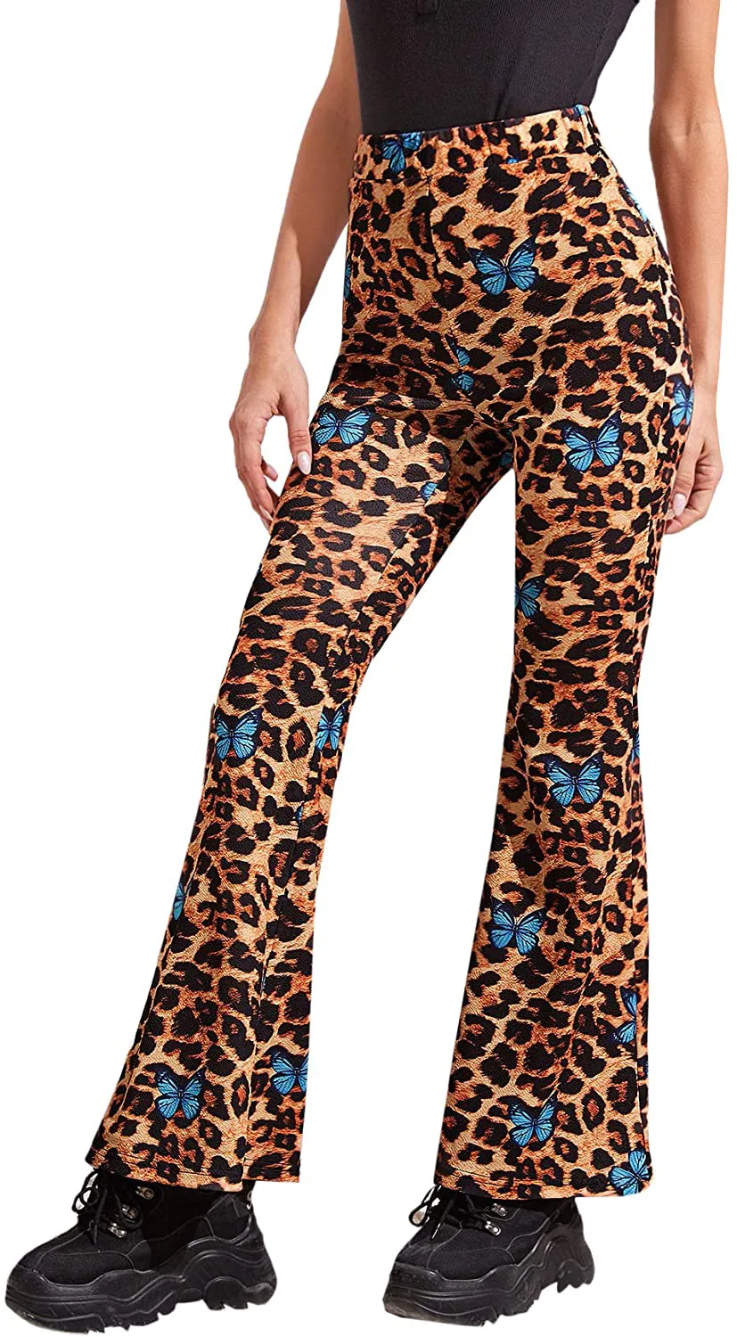 SweatyRocks Women's Boho Comfy Stretchy Leopard Print Bell Bottom Flare Leg Pants