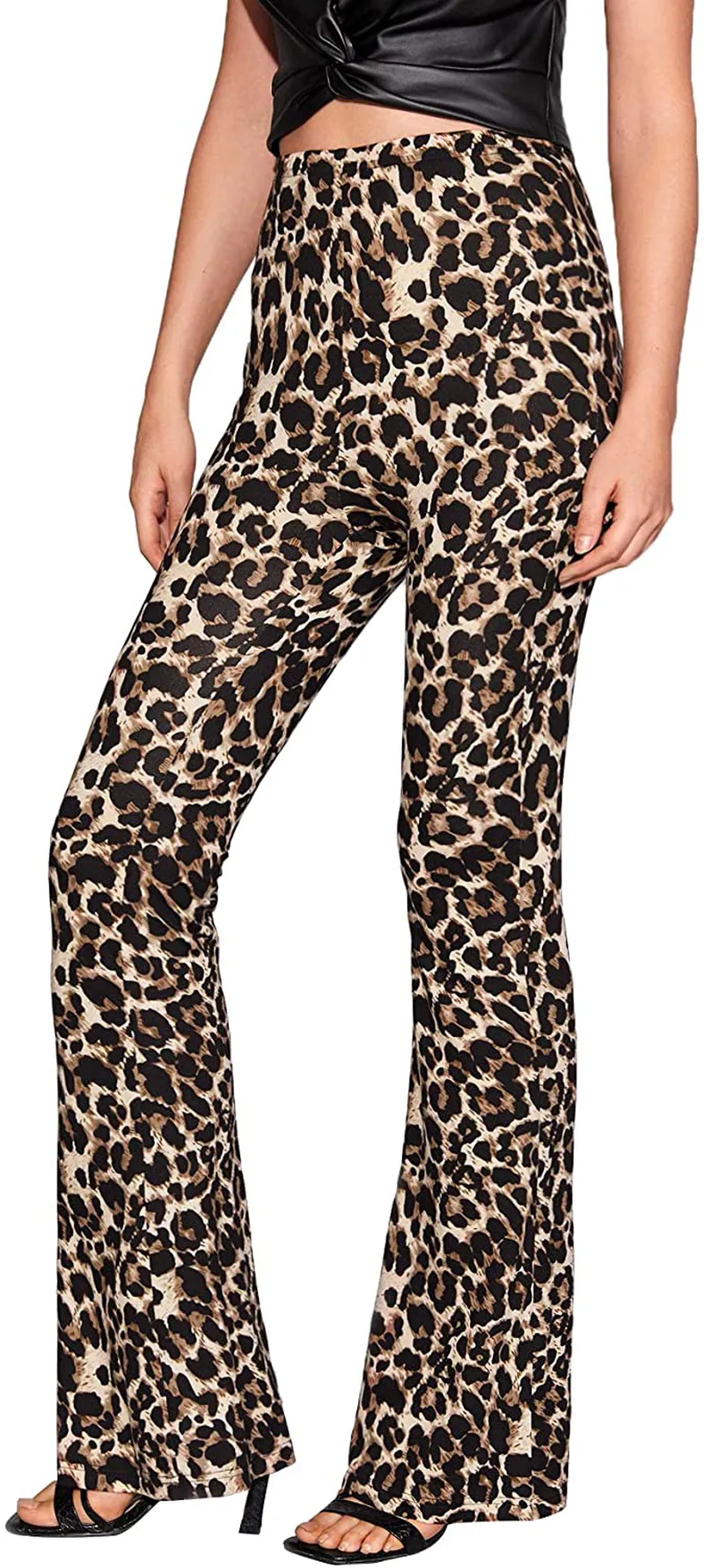 SweatyRocks Women's Boho Comfy Stretchy Leopard Print Bell Bottom Flare Leg Pants