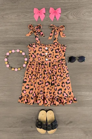 Tan & Pink Cheetah Tie Shoulder Dress