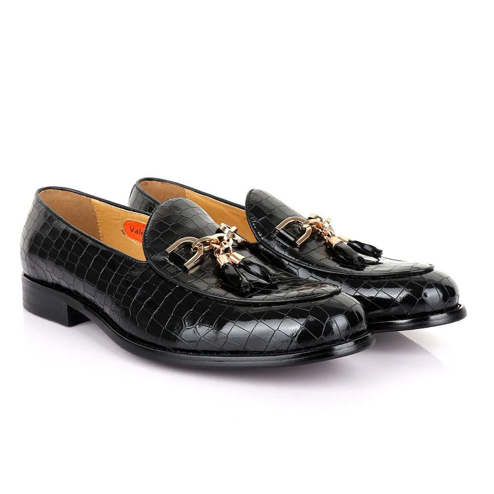 Valentino Classic Croc Chain Tassel Black Leather Shoe