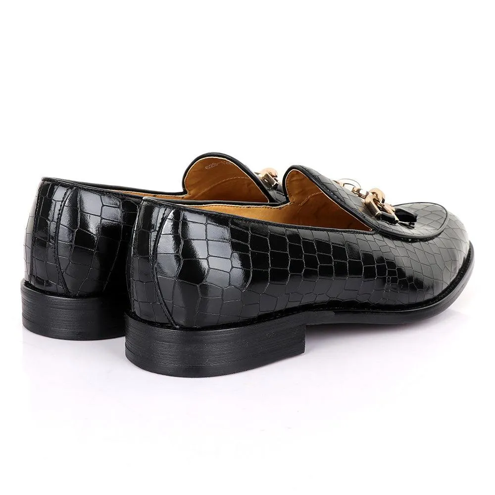 Valentino Classic Croc Chain Tassel Black Leather Shoe