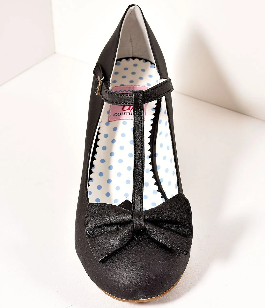 Vintage Style Black Leatherette T-Strap Bow Wiggle Heels