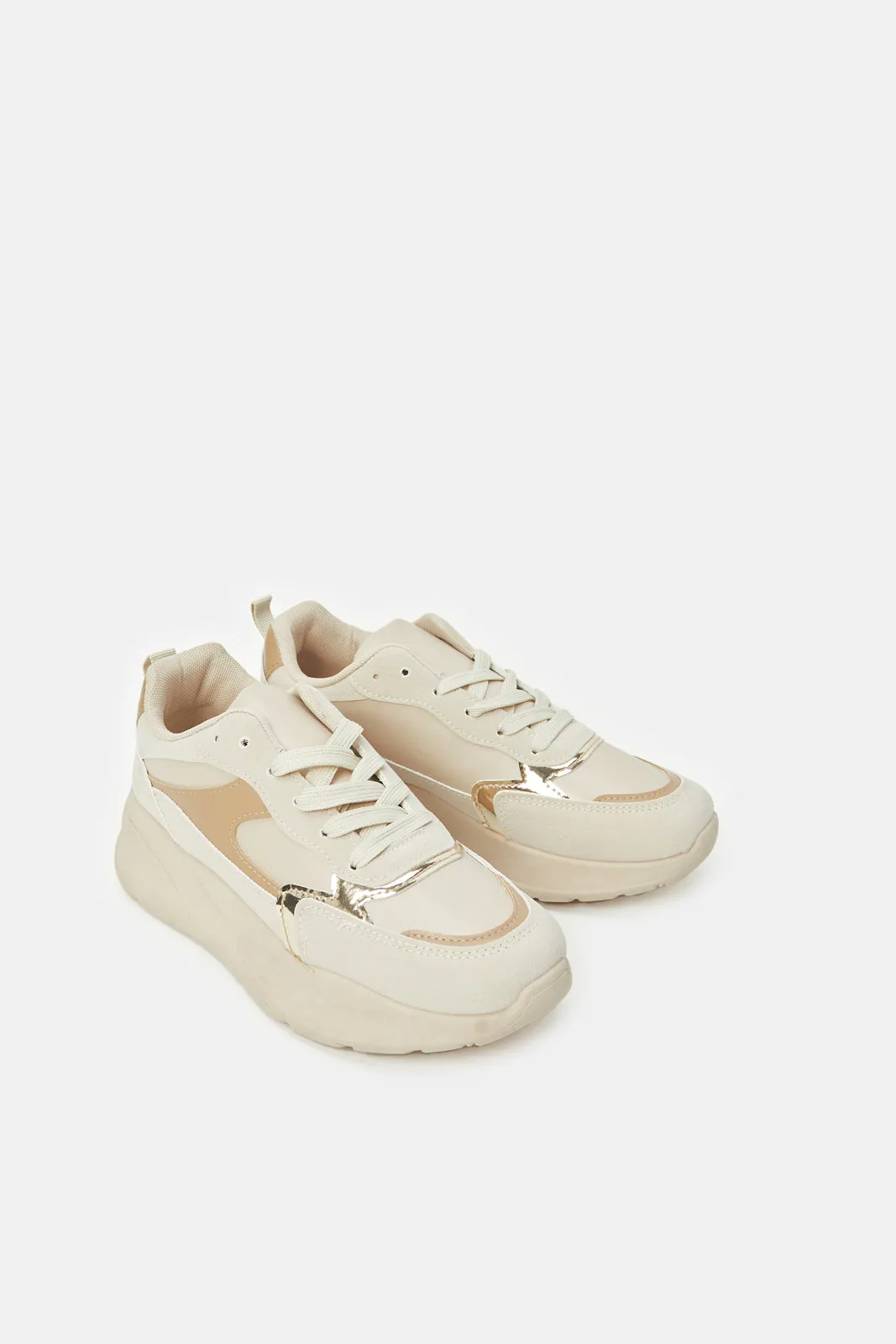 Women Beige Embellished Chunky Trainer