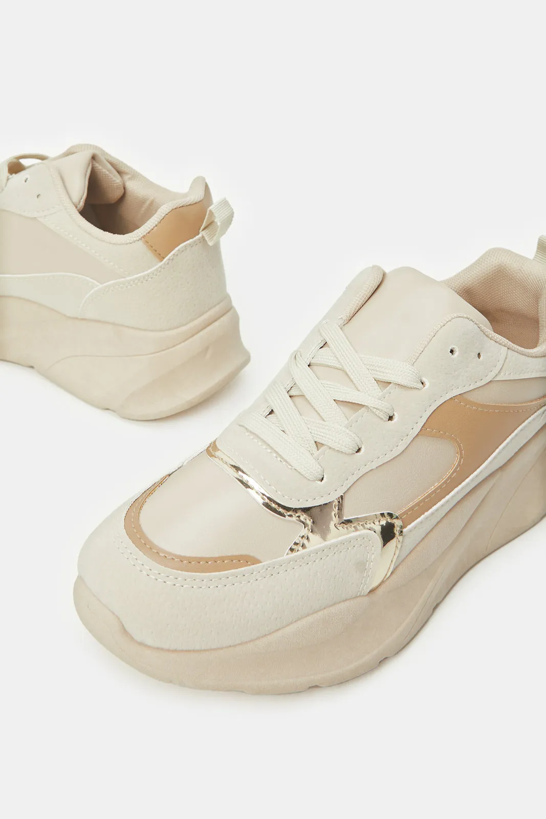 Women Beige Embellished Chunky Trainer