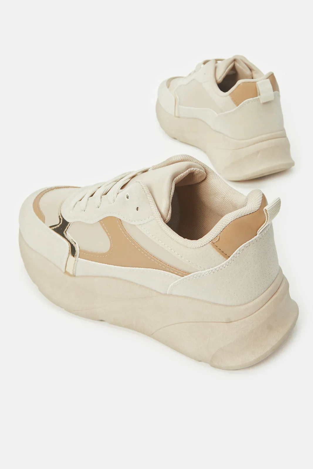 Women Beige Embellished Chunky Trainer