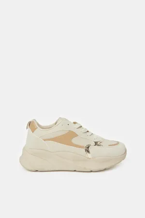 Women Beige Embellished Chunky Trainer